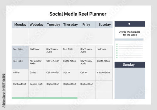 A planner page displays a table layout for organizing social media content across the week.