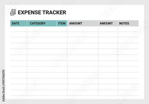 A person uses an expense tracker template to organize their financial records on a table.