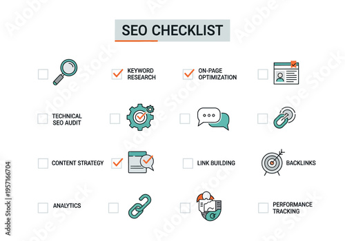 SEO checklist infographic shows optimization steps via icons and text