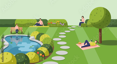 People enjoying a relaxing day in a vibrant green park with a serene pond and walking path.