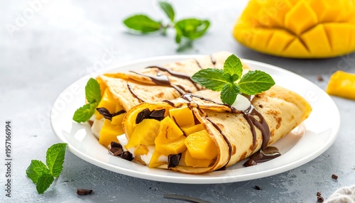 Delicious Mango Crepes with Chocolate Drizzle and Fresh Mint.