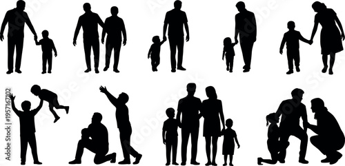 Collection of family silhouettes with parents and children in caring, walking and playing poses, human relationship concept illustration set isolated on light background