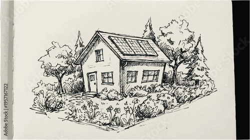 Hand-drawn sketch of a sustainable house with solar panels surrounded by trees and bushes, eco-friendly living concept