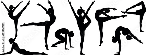 Collection of female gymnast silhouettes performing flexible dance and yoga poses, elegant athletic movement set isolated on light background, fitness balance training illustration