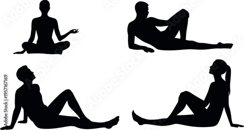 Collection of female sitting silhouettes in relaxed, yoga and casual poses, elegant human figure set isolated on light background, lifestyle fitness illustration design