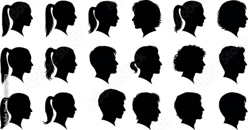 Collection of male and female head profile silhouettes with different hairstyles, black isolated vector set representing human faces, beauty, fashion style and identity diversity