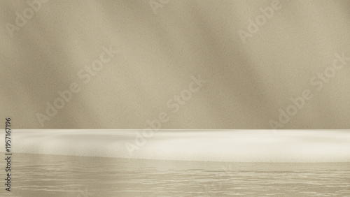 Textured beige product platform with subtle water reflection designed for cosmetic and skincare product mockup. Minimal studio setup with clean display area for branding and advertising. 3D render