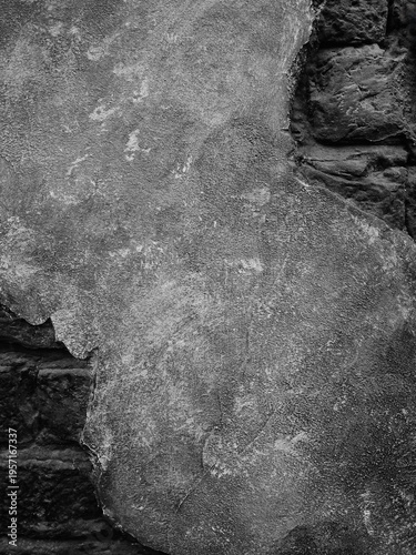 Rugged stone surface shows ancient texture and wear. Grayscale tones emphasize weathered, timeless quality. Edge blends into rough stone, suggesting aged foundation. Ideal for themes of history