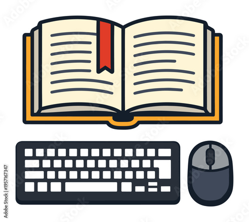 Open book with bookmark above a computer keyboard and mouse, representing modern learning resources and digital education
