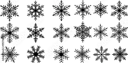 Collection of snowflake silhouettes in various geometric designs, winter holiday decoration elements set, black seasonal ornament shapes vector illustration isolated on white background