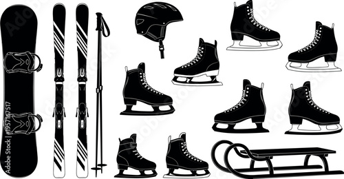 Collection of winter sports equipment silhouettes including snowboard, skis, poles, helmet, ice skates and sled isolated on light background, seasonal outdoor recreation vector illustration.