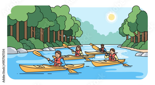 People kayaking on a river in a natural setting.