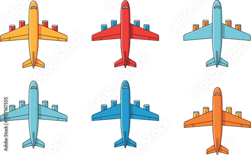 Colorful airplane top view vector set featuring six modern passenger jets in flat cartoon style isolated on light background for aviation travel transport design concept