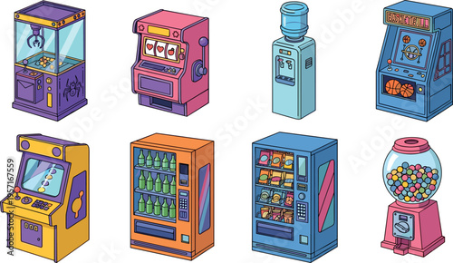 Colorful arcade and vending machine vector set featuring claw game slot machine snack dispenser and gumball kiosk, retro entertainment equipment collection isolated on light background