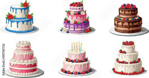 Colorful layered celebration cakes set with chocolate glaze, berries, cream frosting and candles, festive dessert collection isolated vector illustration for birthday and wedding design