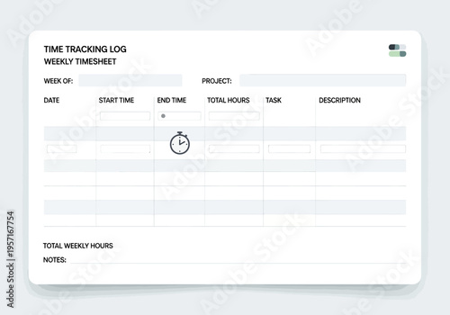 A weekly timesheet template with a timer on a desk for project management and time tracking