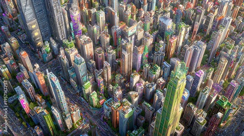 Vibrant futuristic megacity skyline with colorful skyscrapers and lush greenery