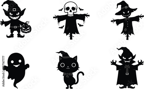 Halloween cartoon characters, goblin, scarecrow, ghost, black cat, vampire, jack-o'-lantern, spooky icons, festive theme, colorful style, eerie vibe