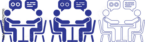Blue line icons of people talking at tables with speech bubbles  communication conversation teamwork collaboration discussion