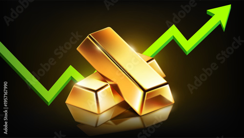 Gold price rising concept with gold bars and green upward arrow graph on dark background, vector illustration