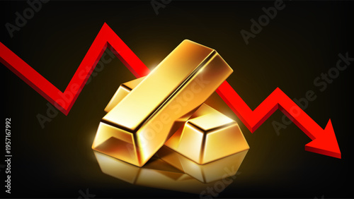 Gold price drop concept with gold bars and falling red arrow graph on dark background, vector illustration