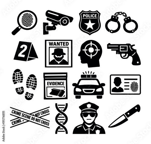 Collection of black and white icons representing elements of police work, criminal investigation, security, and forensic analysis