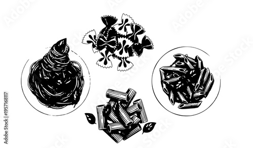 Italian pasta watercolor set in circular composition with basil garnish food vector