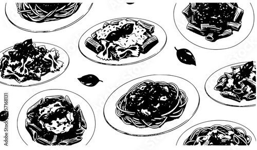 Watercolor Italian pasta collection with plates and basil garnish food illustration