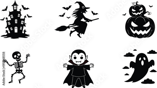 Halloween illustrations, haunted house, flying witch, stacked pumpkins, dancing skeleton, cartoon vampire, floating ghost, spooky icons, festive design, eerie vibe