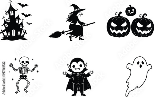 Halloween illustrations, haunted house, flying witch, stacked pumpkins, dancing skeleton, cartoon vampire, floating ghost, spooky icons, festive design, eerie vibe