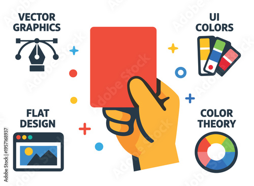 Hand holding a red card, surrounded by graphic design elements like vector bezier curve, UI color palette, flat web browser, and color wheel