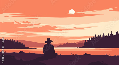 Silhouette of a person wearing a hat, sitting by a lake at sunset.