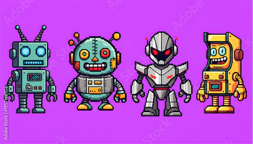 Set of retro pixel art robot characters for game design