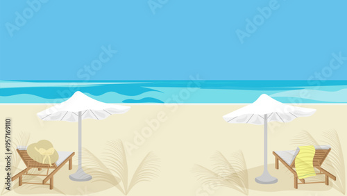 White beach umbrellas, sun loungers with a towel and a lady s hat against the backdrop of the azure sea and sky