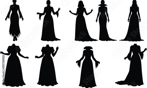 Gothic dress silhouettes, fantasy fashion, dramatic gowns, costume design, black shapes, eerie vibe, character styling, vintage elegance, spooky theme