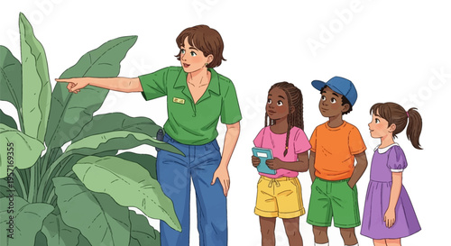 Teacher and diverse students exploring large plant during educational outdoor activity.