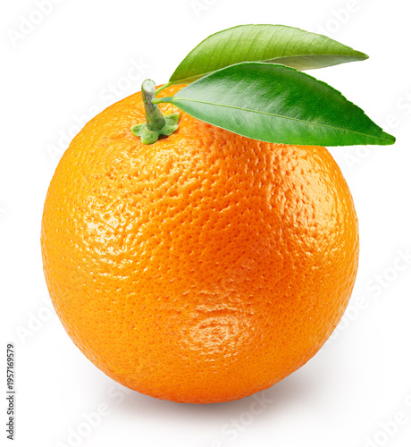 One ripe orange fruit with orange tree leaves isolated on a white background. Stacking image with high resolution.