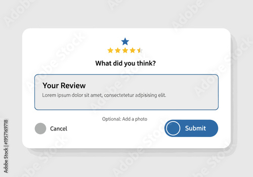 A person submits a review with a star rating and a photo on a feedback form.