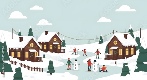 People enjoying winter activities in snowy village with festive houses