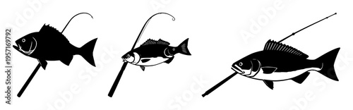 Fishing rod and fish silhouette set with simple line art design featuring simple design, minimalist, black and white with illustrations and graphics