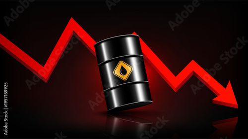 Crude oil price drop and energy crisis concept with oil barrel and falling red arrow graph on dark background, vector illustration