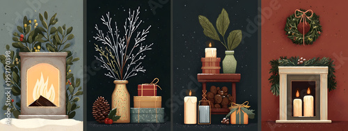 Cozy Winter Holiday Scenes Featuring Fireplaces, Candles, and Gifts Evoke Festive Spirit