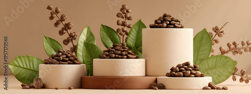 Elegant display of organic coffee beans with fresh green leaves on minimalist pedestals, evoking natural freshness and quality aroma