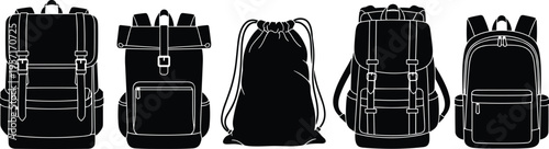 Backpack silhouettes, buckle flap, roll-top design, drawstring bag, compact style, travel gear, school accessory, black icons, utility shapes