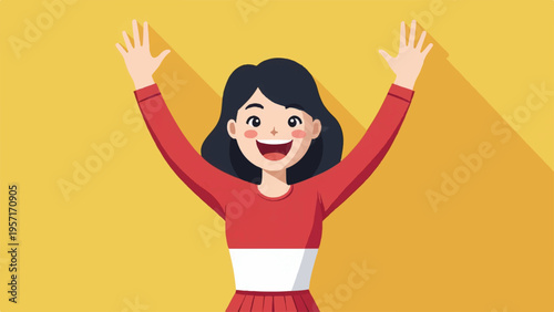 Happy woman with dark hair celebrating with arms raised in red and white outfit on yellow background with shadow