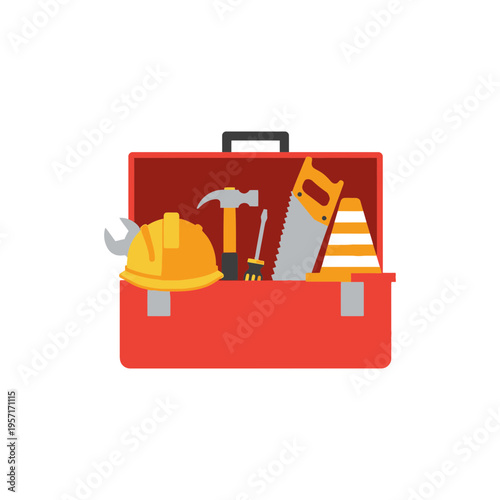Open toolbox containing various construction tools and safety equipment.