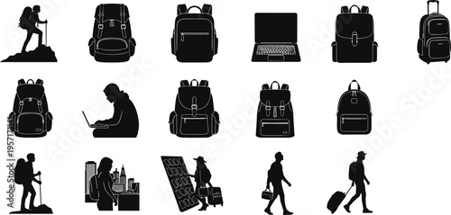 Travel icons, backpack silhouettes, hiking figures, luggage scenes, airport activity, laptop use, black shapes, tourism symbols, adventure gear, journey design