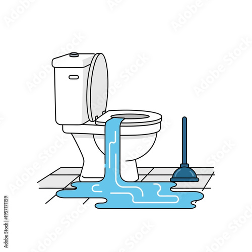 Toilet overflowing with water and a plunger nearby on tiled floor.