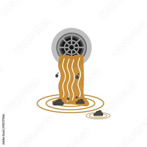 Illustration of brown liquid flowing from a drain into a puddle with debris.