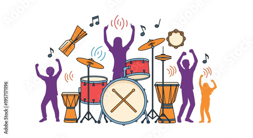 Silhouettes of people playing drums and percussion instruments in a musical performance.